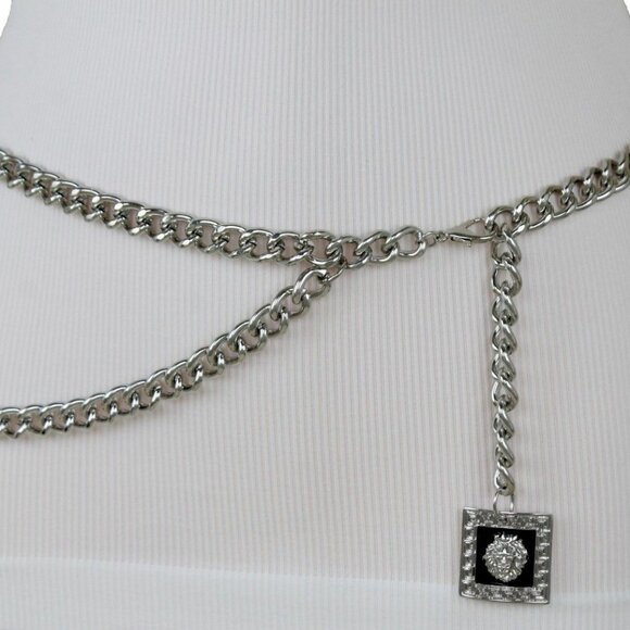 Women High Waist Hip Silver Metal Chain Links Wave Belt Lion Charm Size XS S M - Picture 14 of 17